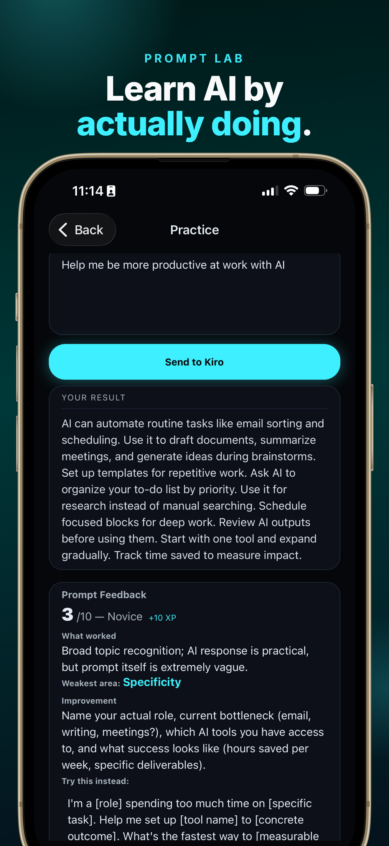 Iro app: Prompt Lab practice with AI feedback
