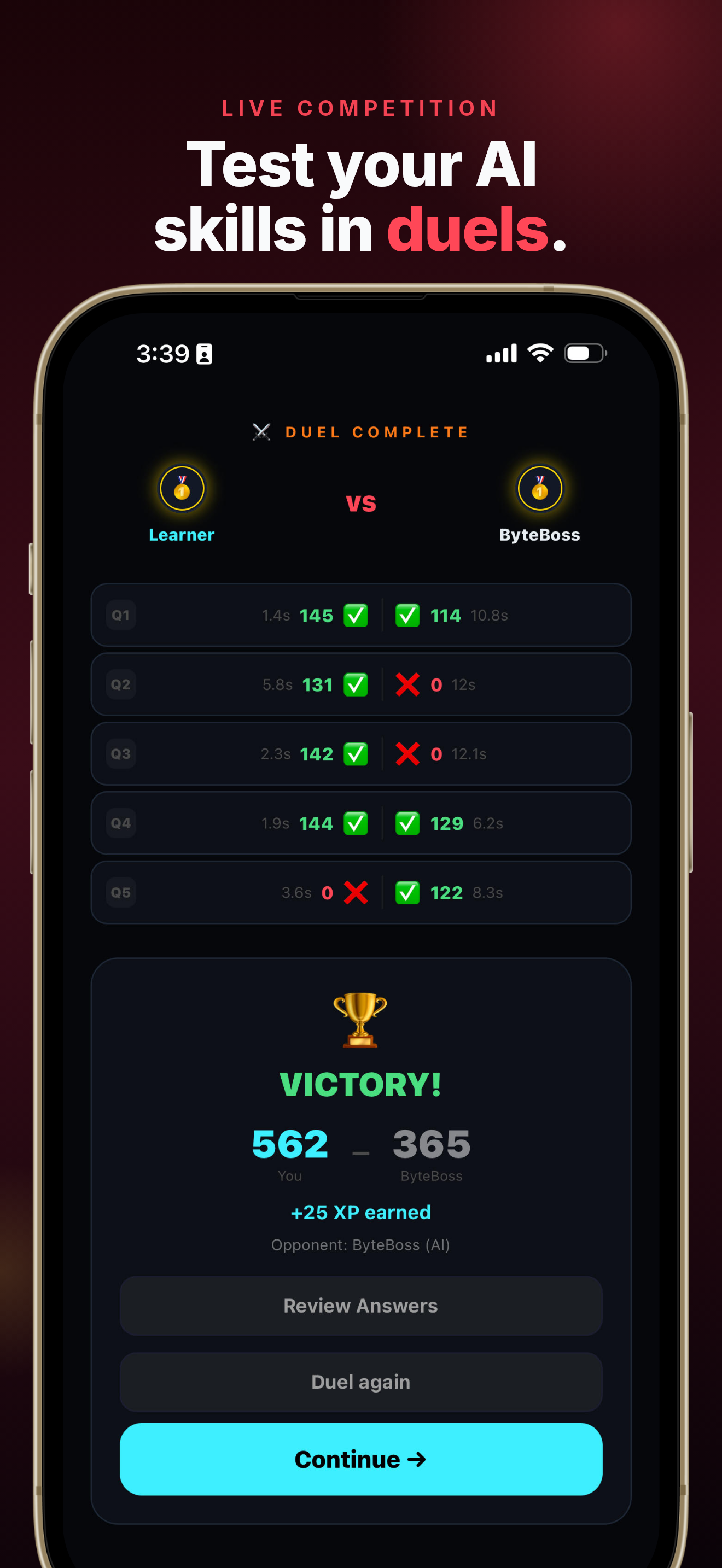 Iro app: duel victory + XP rewards
