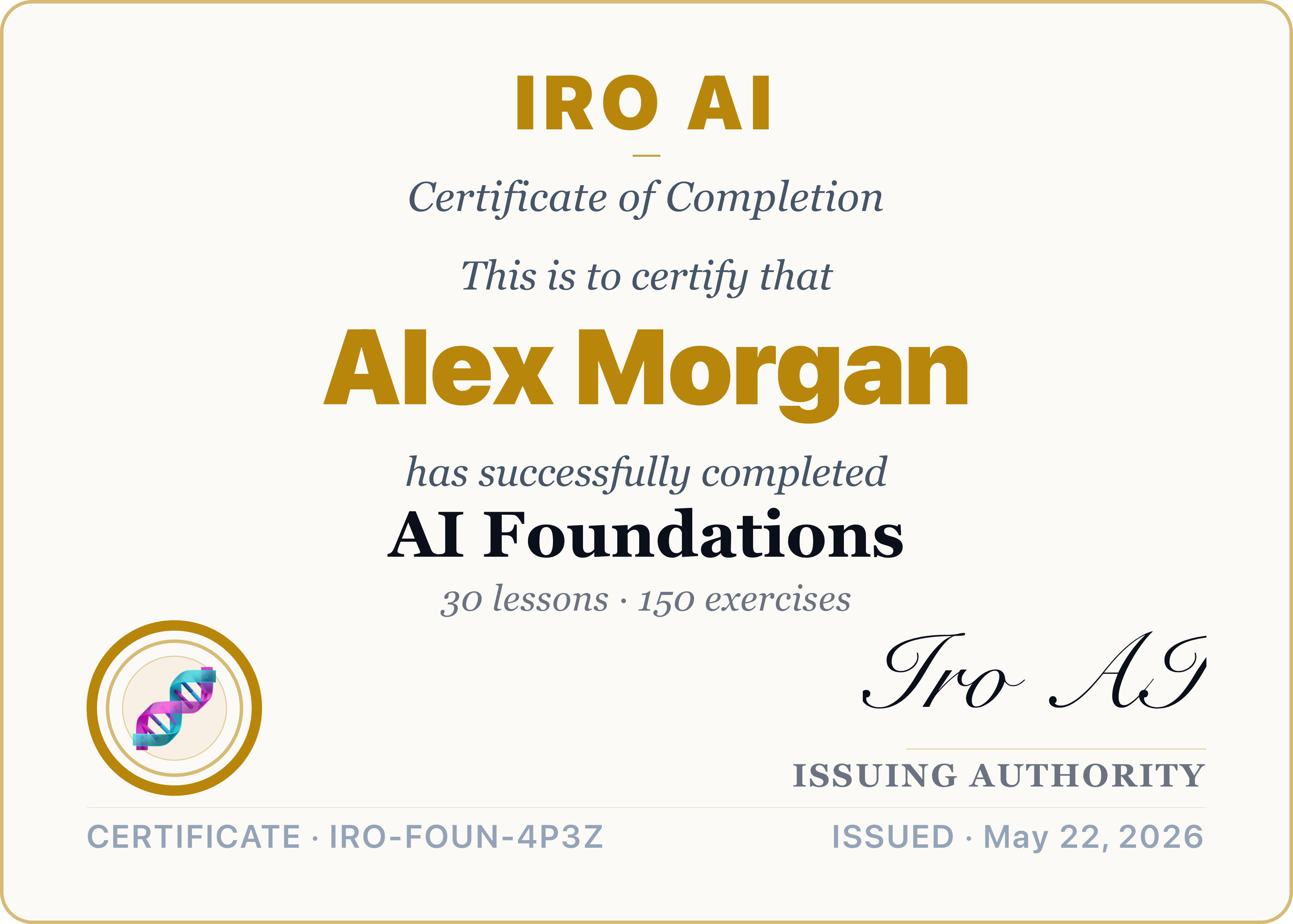 Iro AI Certificate of Completion for AI Foundations, issued to Alex Morgan