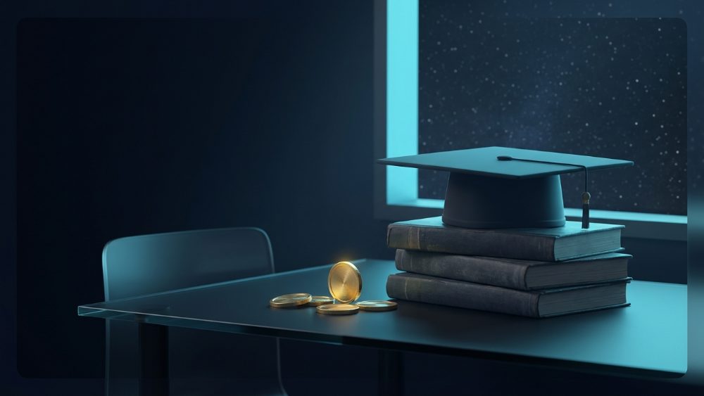 A graduation cap on a stack of books beside a few gold coins