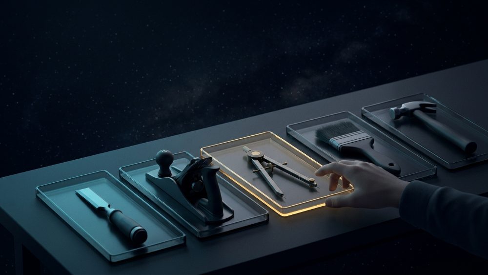 Five hand tools in glass trays on a dark bench, a hand reaching for one