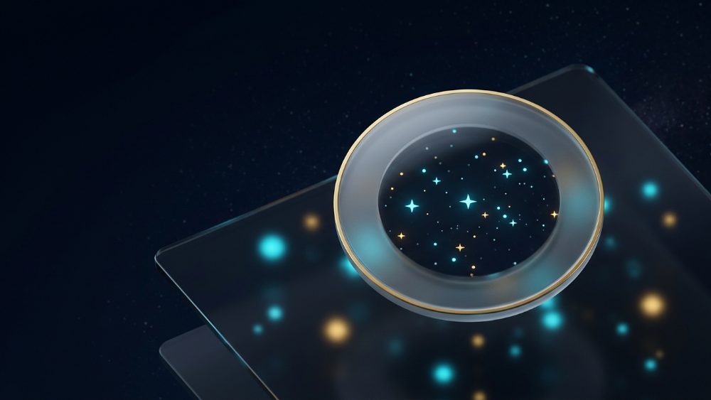 A glass lens bringing a blurred field of lights into sharp focus