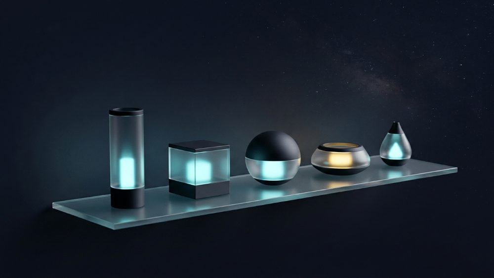 Five differently shaped lanterns on a glass shelf, one glowing gold