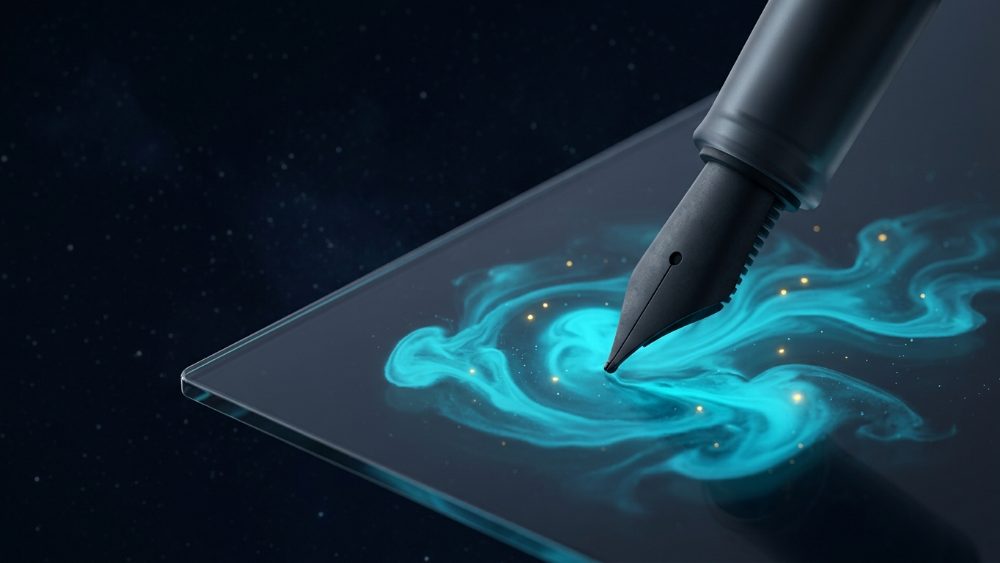A fountain pen nib touching a pool of cyan ink that blooms like a nebula