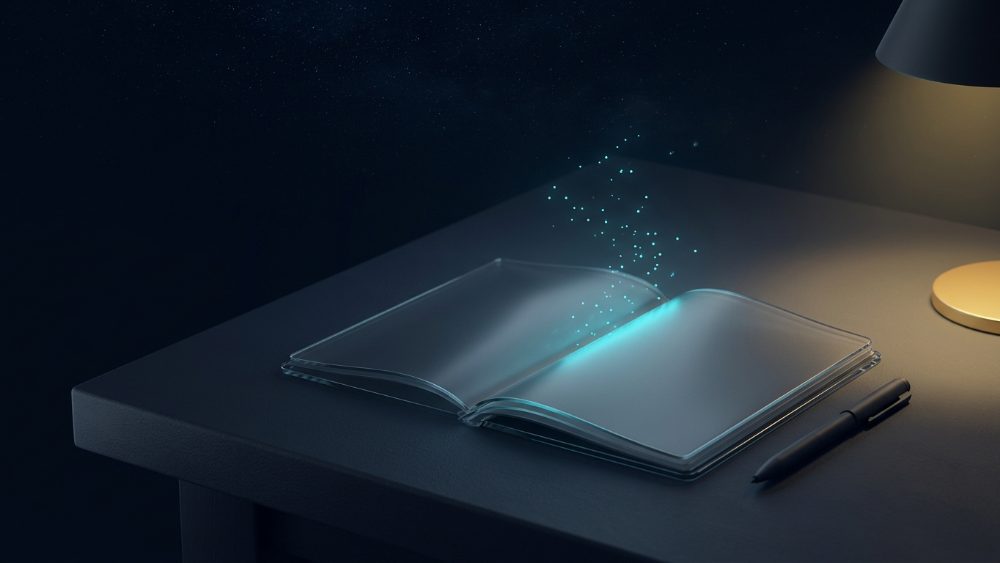 An open glass notebook on a dark desk with cyan light rising from its pages