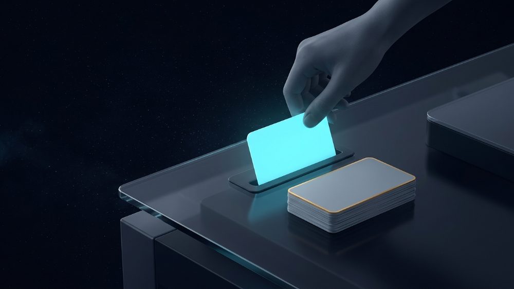 A hand sliding a glowing blank card into a slot on a dark desk