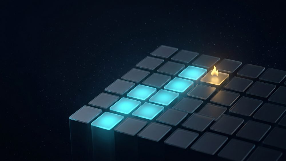 A wall of glass tiles with an unbroken lit streak ending in a small flame