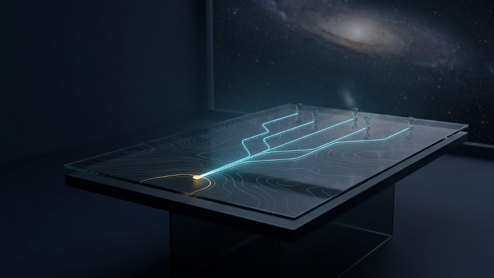 A dark glass map table with routes of light branching out from one point