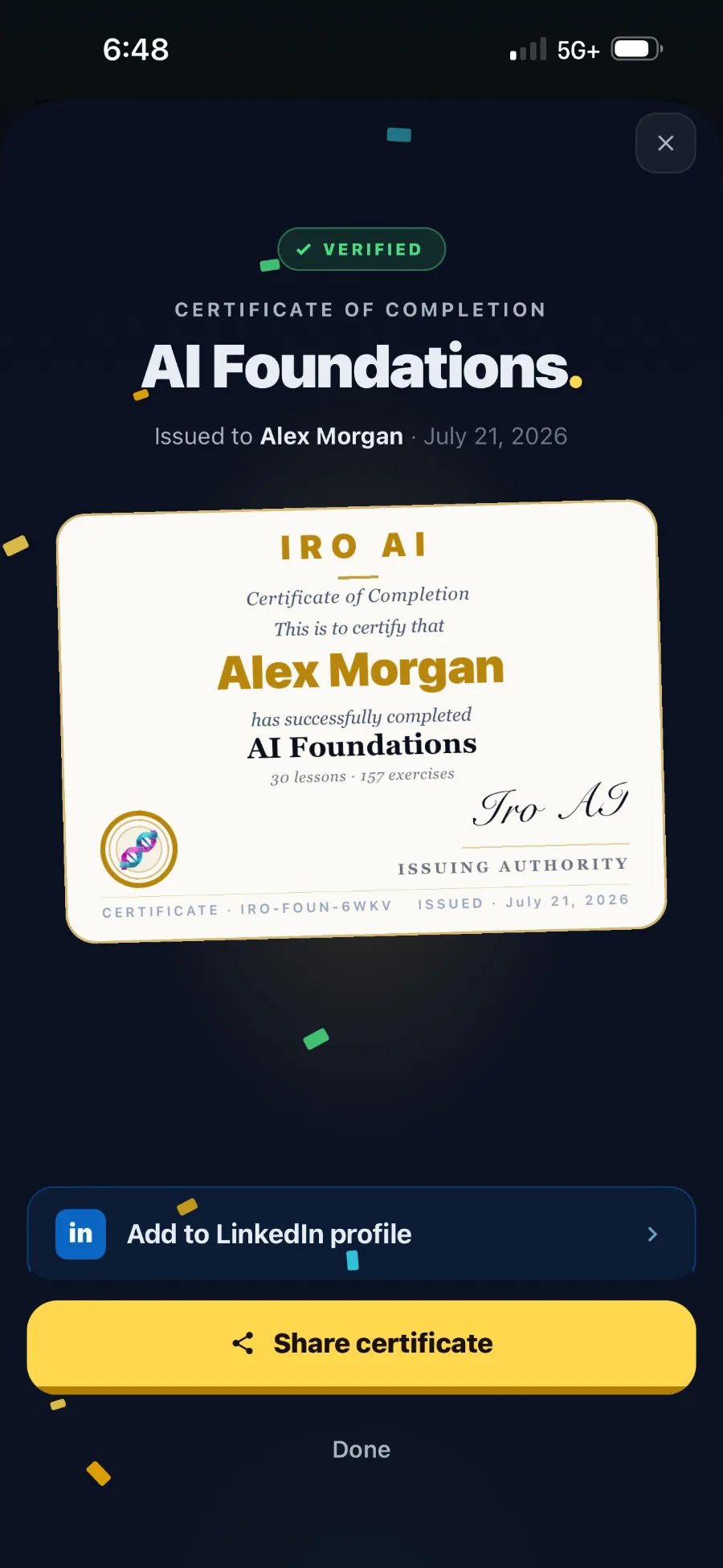 Iro app — shareable AI certificate with credential ID