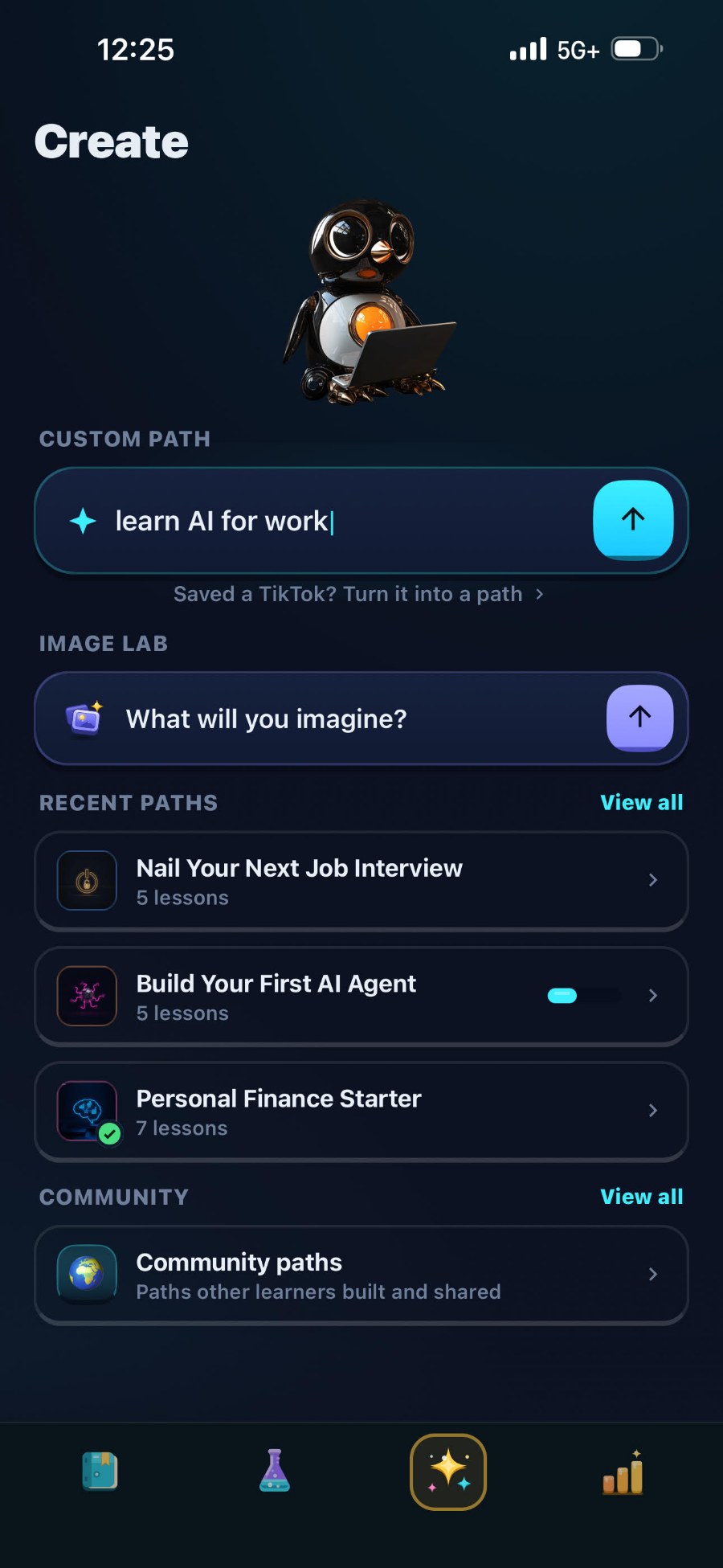 The Iro AI Create screen with a Custom Path field reading 'learn AI for work' and a list of recently generated paths