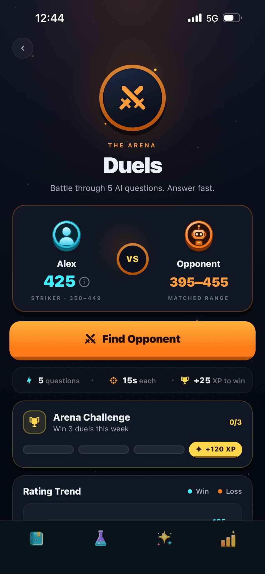 The Iro AI duels screen showing your duel rating and the matched opponent range