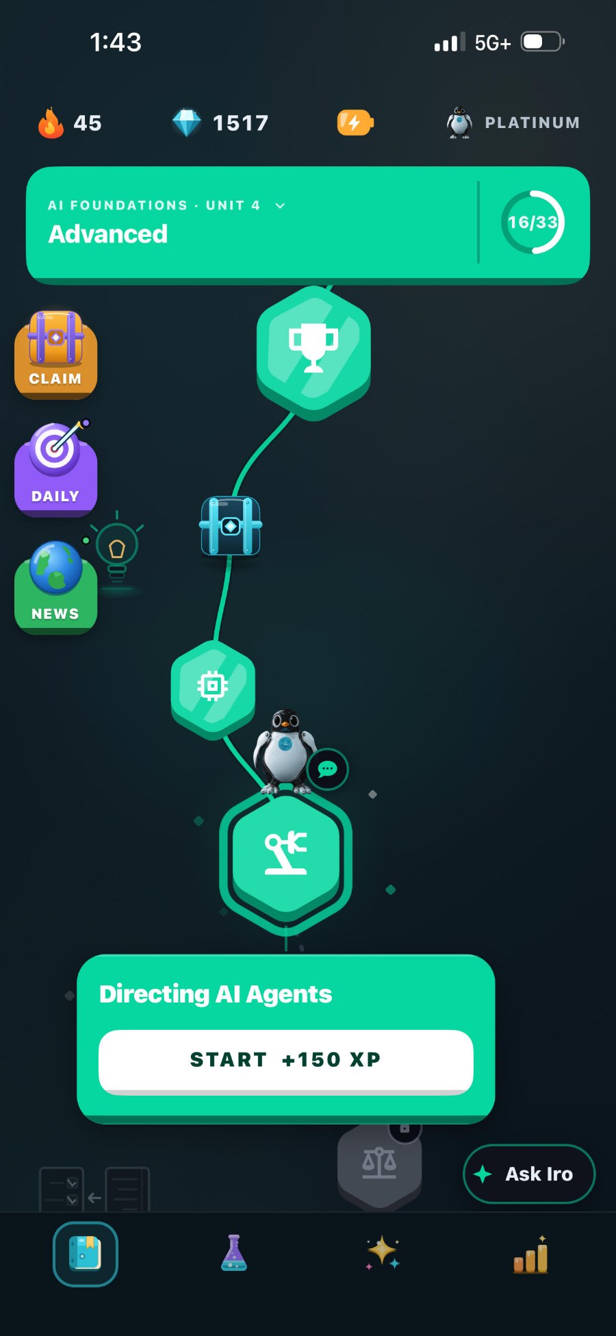 An Iro AI learning path, showing lessons unlocked in order along a trail