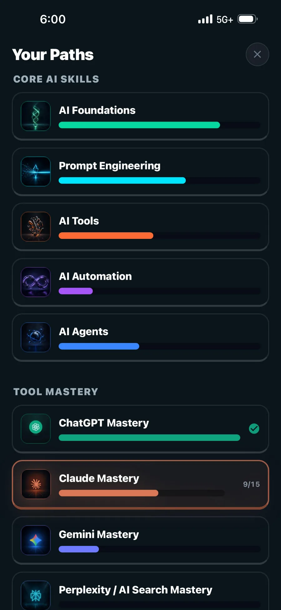 Iro app — 20 learning paths including ChatGPT and Claude Mastery