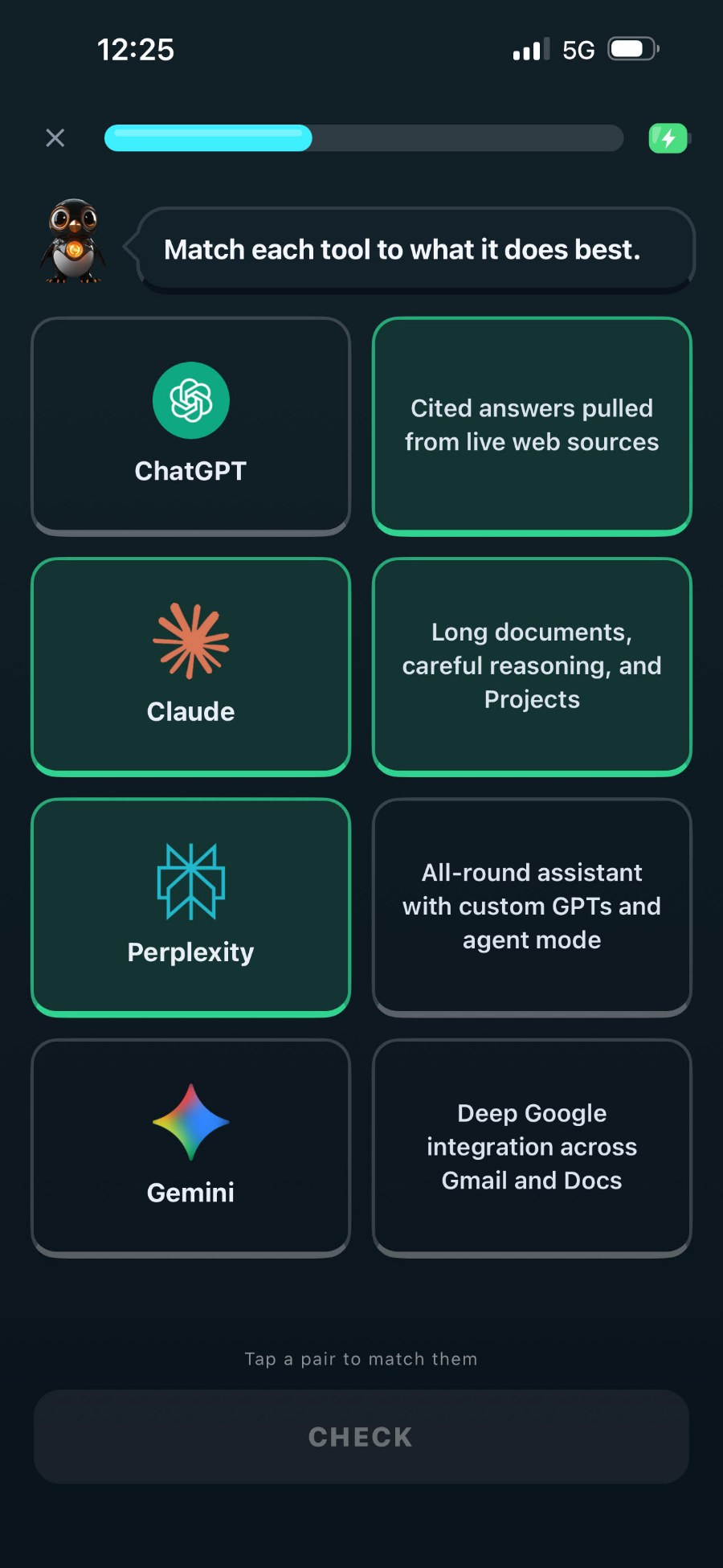 An Iro AI exercise matching ChatGPT, Claude, Perplexity and Gemini to what each is best at
